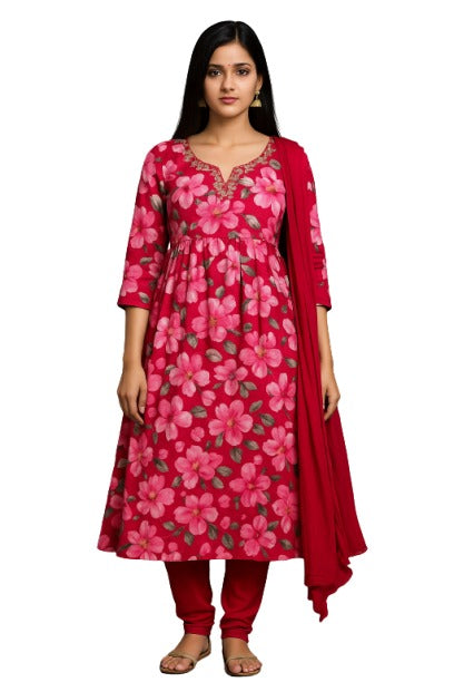 Siya's Women's Floral Print Anarkali suit with Dupatta, Pink