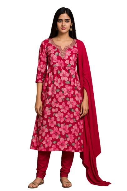 Siya's Women's Floral Print Anarkali suit with Dupatta, Pink