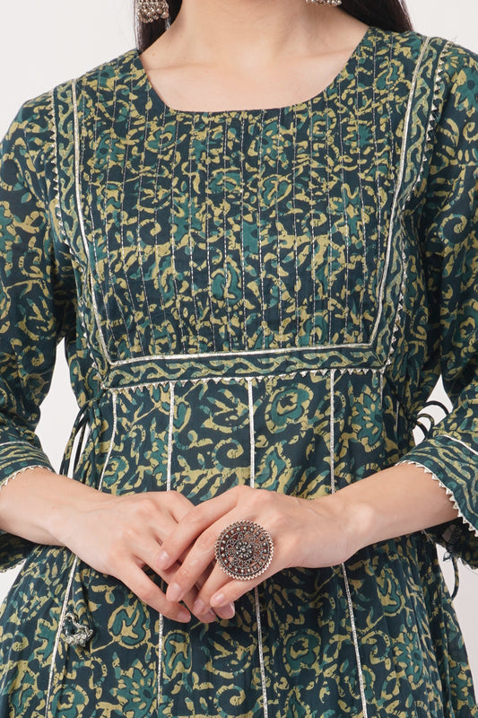 Traditional Floral Print Anarkali Suit with Dupatta, Long Sleeves, Teal Green