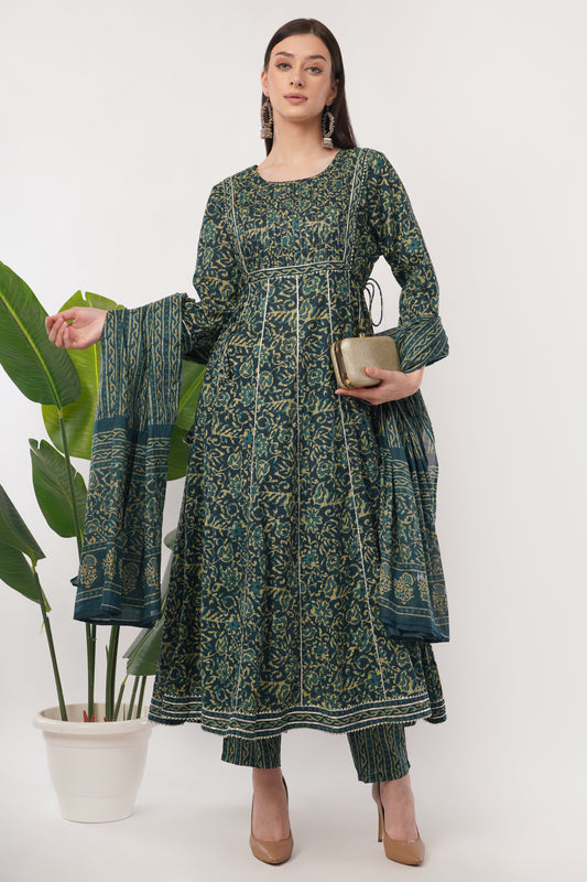 Traditional Floral Print Anarkali Suit with Dupatta, Long Sleeves, Teal Green