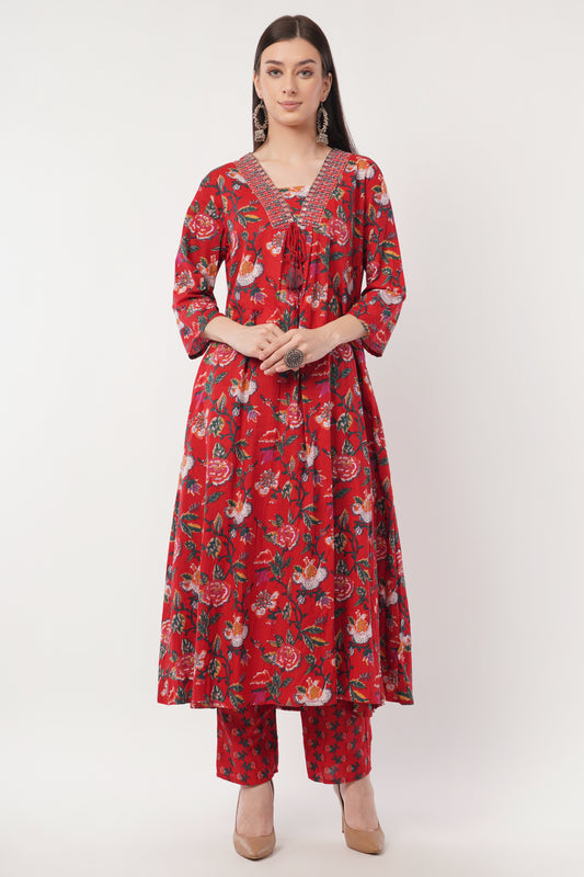 Siya's Women's Floral Print Kurta Set with Pant and  Dupatta, Red , V-Neck, 3/4 Sleeve