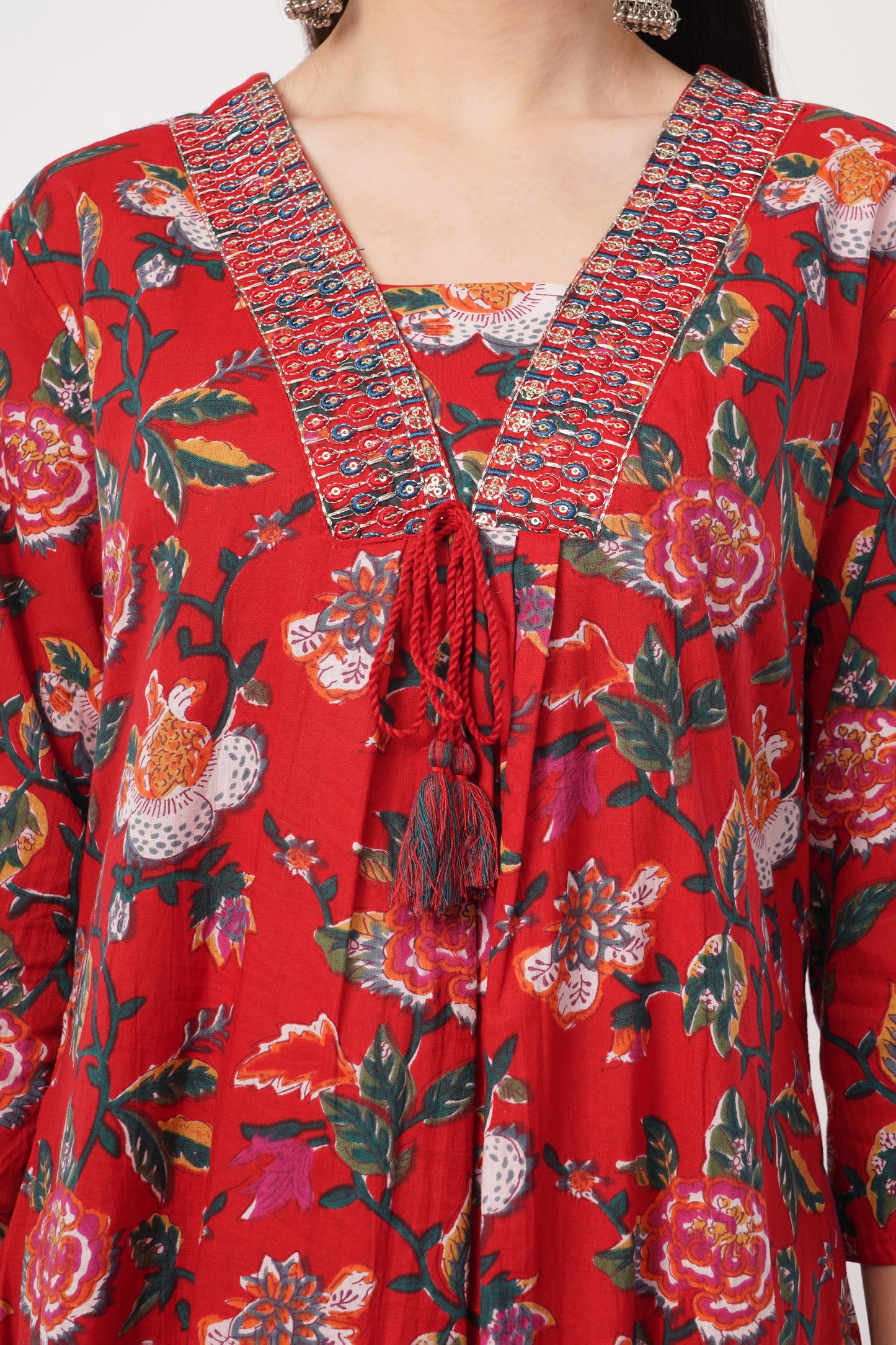 Siya's Women's Floral Print Kurta Set with Pant and  Dupatta, Red , V-Neck, 3/4 Sleeve