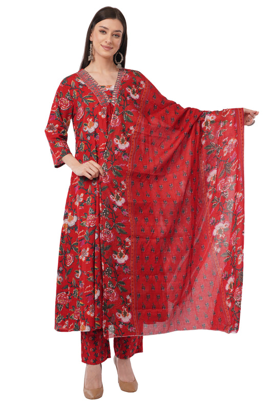Siya's Women's Floral Print Kurta Set with Pant and  Dupatta, Red , V-Neck, 3/4 Sleeve