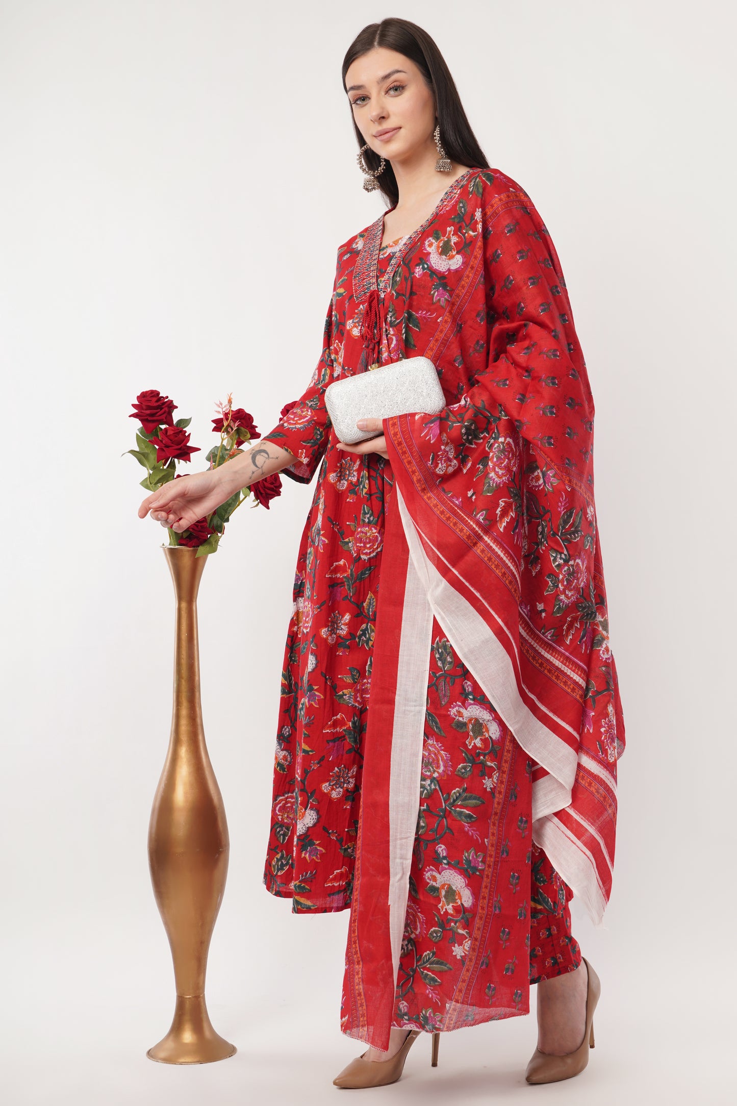 Siya's Women's Floral Print Kurta Set with Pant and  Dupatta, Red , V-Neck, 3/4 Sleeve