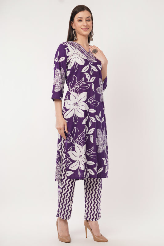Siya's Women's Purple Floral Kurta Set with Dupatta, Cotton Printed Suit, 3/4 Sleeve V-Neck