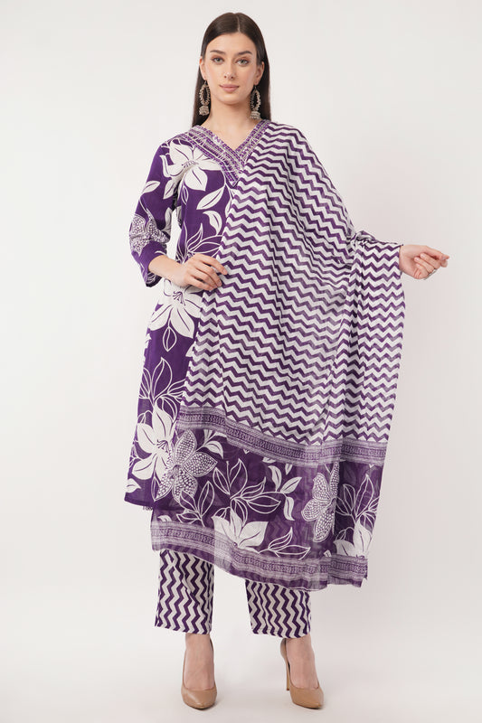 Siya's Women's Purple Floral Kurta Set with Dupatta, Cotton Printed Suit, 3/4 Sleeve V-Neck