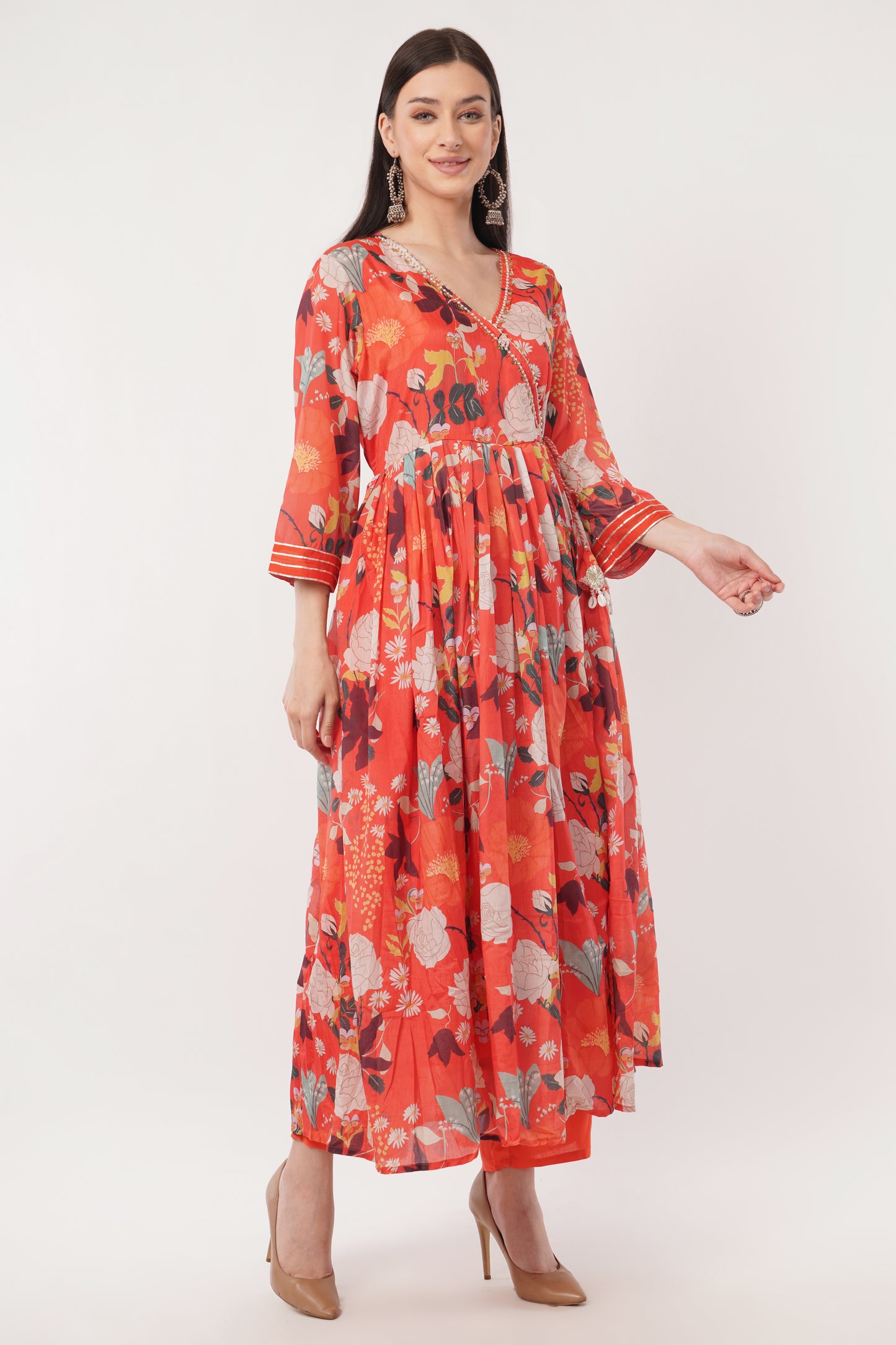 Floral Print synthetic orange Anarkali Suit Set with Dupatta, orange, 3/4 Sleeve
