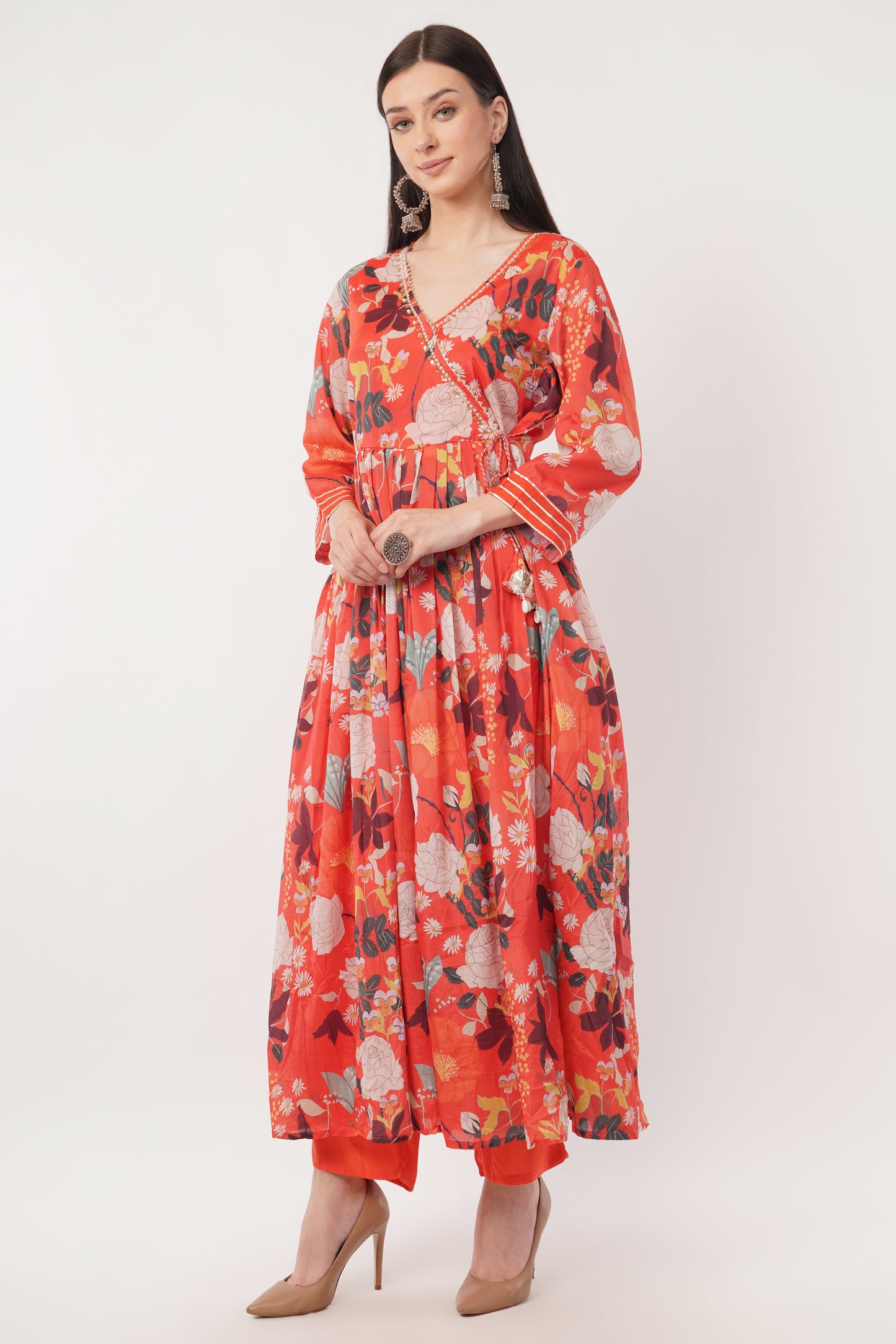 Floral Print synthetic orange Anarkali Suit Set with Dupatta, orange, 3/4 Sleeve
