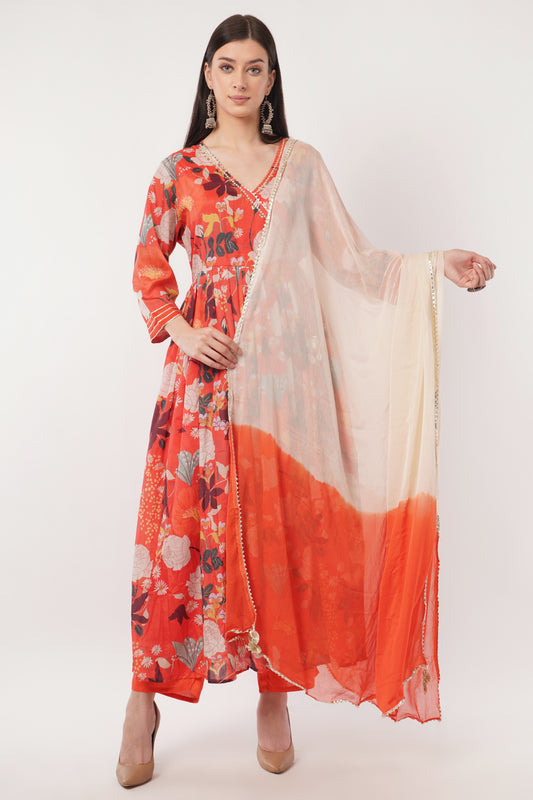Floral Print synthetic orange Anarkali Suit Set with Dupatta, orange, 3/4 Sleeve