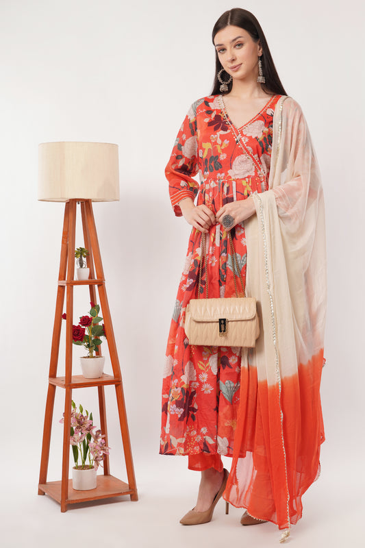 Floral Print synthetic orange Anarkali Suit Set with Dupatta, orange, 3/4 Sleeve