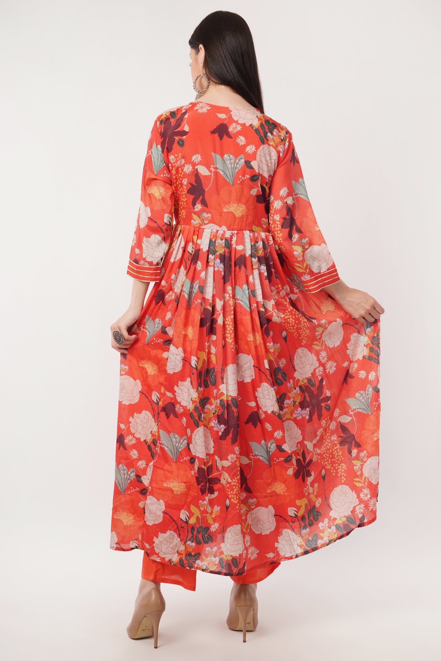 Floral Print synthetic orange Anarkali Suit Set with Dupatta, orange, 3/4 Sleeve