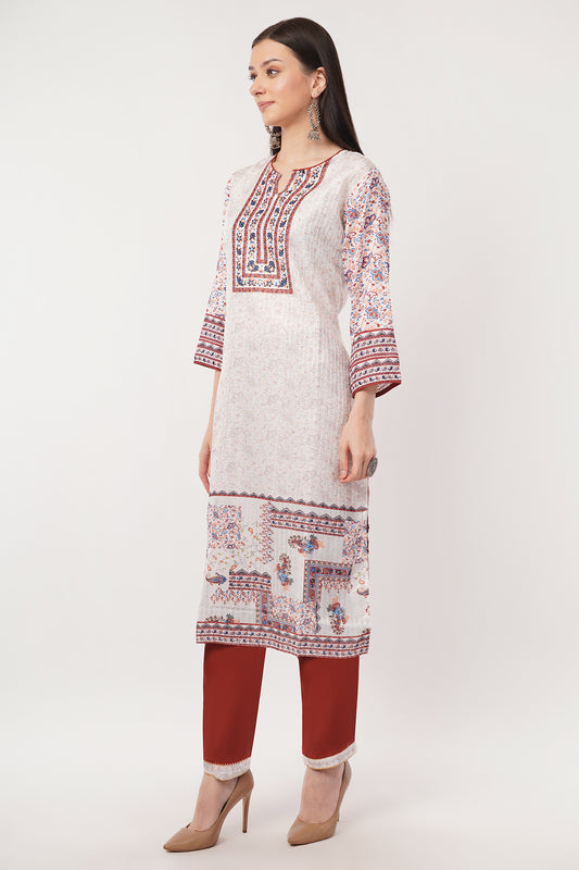 Siya's Traditional Kurta Set with Dupatta, White and Red Floral Print, 3/4 Sleeves