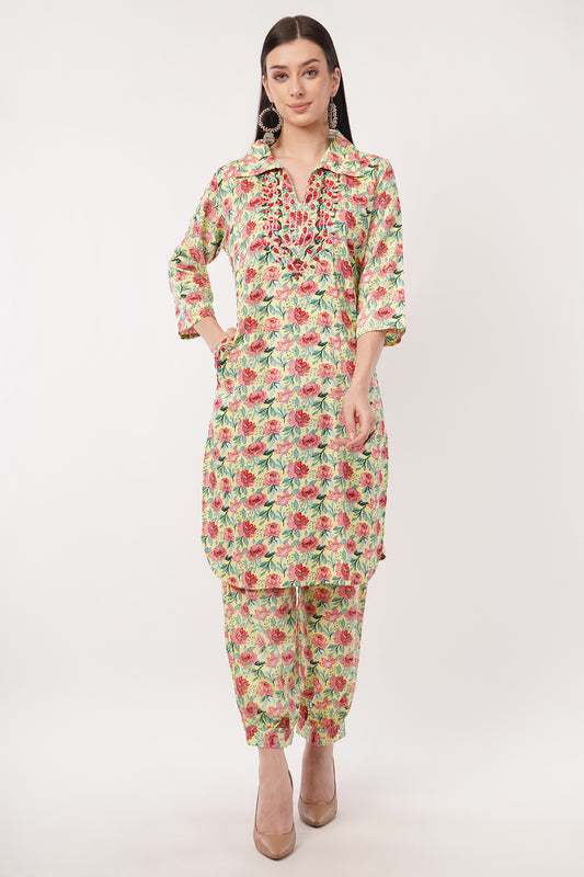 Siya's Women's Cotton Floral Print Kurta Pyjama Set, Three Quarter Sleeve, Regular Fit, Mandarin Collar, Summer Casual Wear