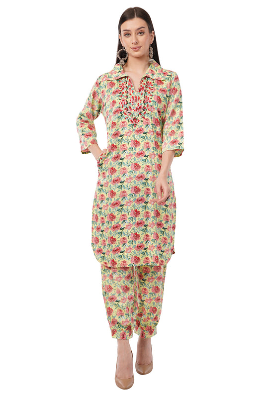 Siya's Women's Cotton Floral Print Kurta Pyjama Set, Three Quarter Sleeve, Regular Fit, Mandarin Collar, Summer Casual Wear