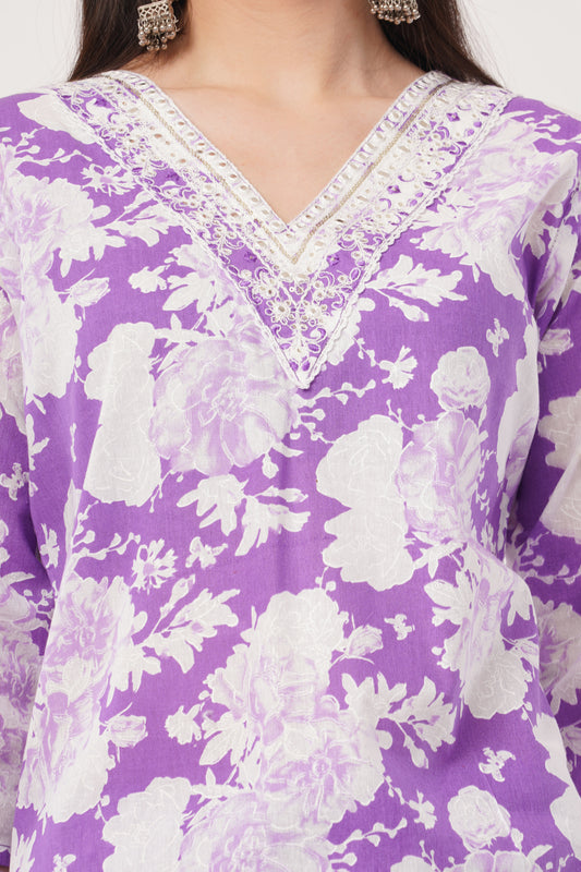 Siya's Floral Print Kurta Set with Dupatta, Purple and White, Lace Detail, 3/4 SleeveTTG