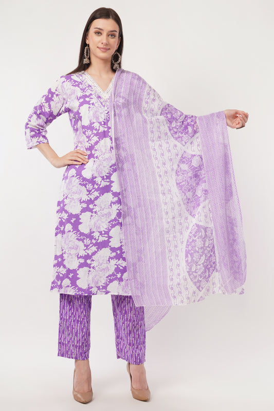 Siya's Floral Print Kurta Set with Dupatta, Purple and White, Lace Detail, 3/4 SleeveTTG