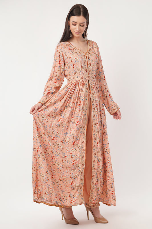 Floral Print Anarkali Kurta Set with Pants and Dupatta in Pink, gray, orange 3/4 Sleeve
