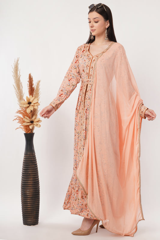 Floral Print Anarkali Kurta Set with Pants and Dupatta in Pink, gray, orange 3/4 Sleeve