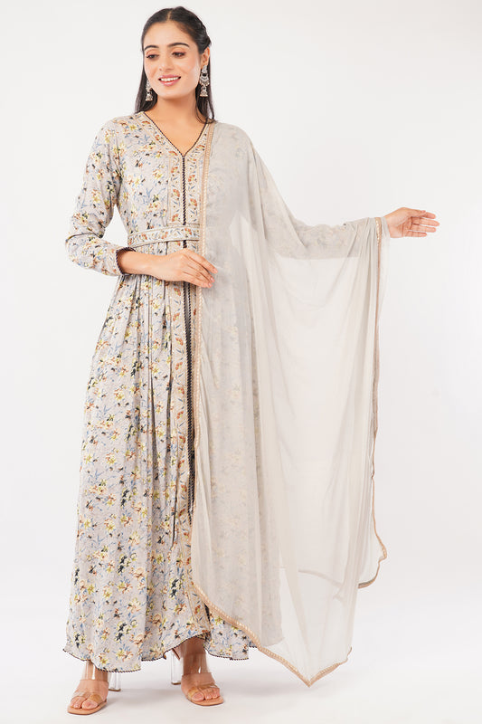 Floral Print Anarkali Kurta Set with Dupatta, Grey and White, Long Sleeve