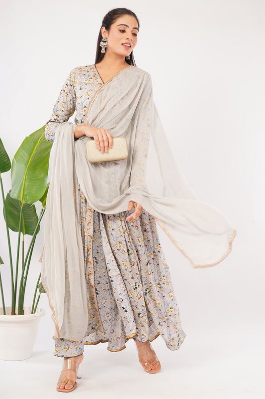 Floral Print Anarkali Kurta Set with Dupatta, Grey and White, Long Sleeve