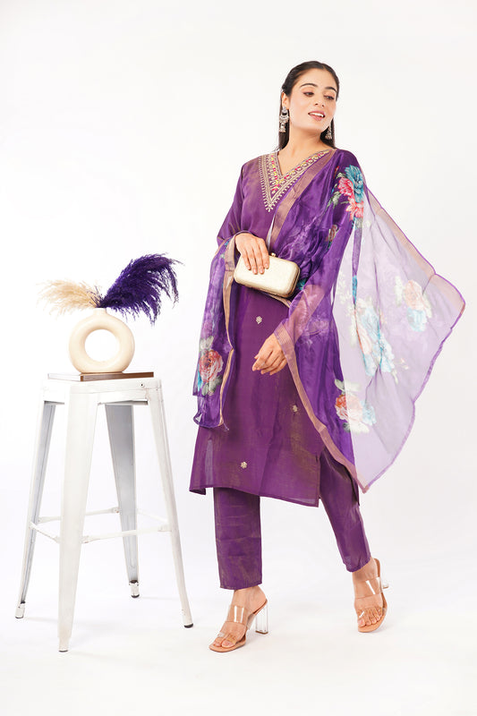 Women's Purple Embroidered Kurta Set with Floral Dupatta, 3-Piece Traditional Ethnic Wear