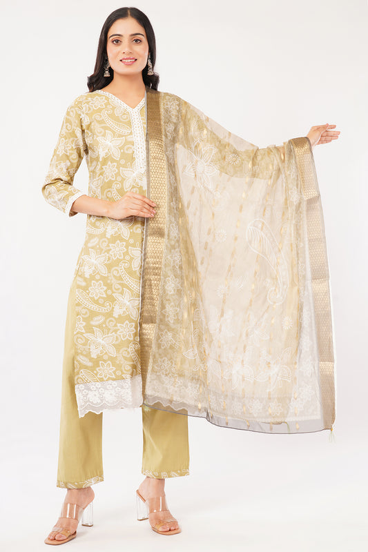 Women's Floral Embroidered Kurta Set with Dupatta, Beige and White, Traditional Indian Ethnic Wear