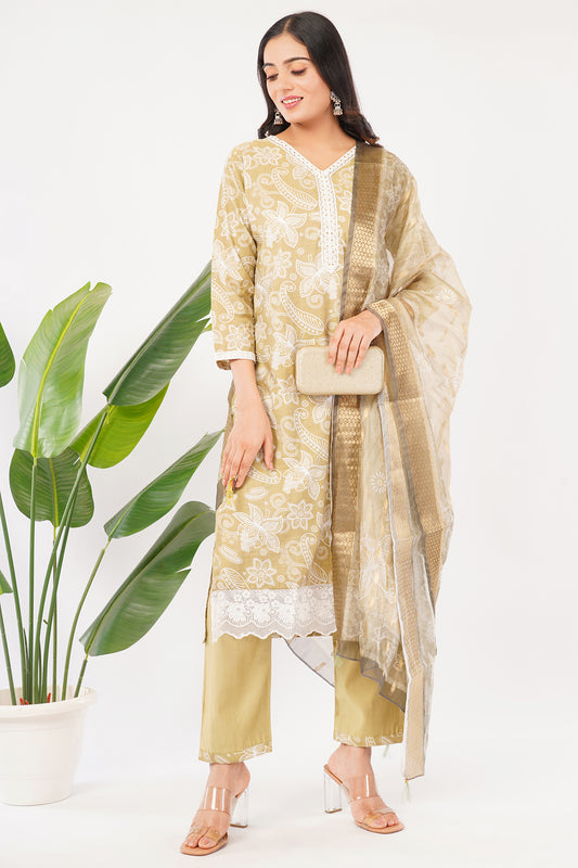 Women's Floral Embroidered Kurta Set with Dupatta, Beige and White, Traditional Indian Ethnic Wear