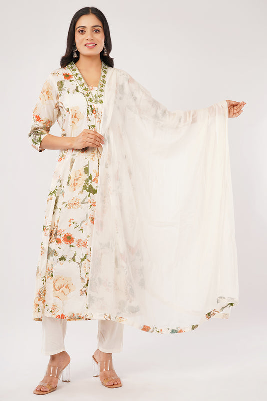 Floral Print Kurta Set with Dupatta, White and Peach, 3/4 Sleeve, Embellished Neckline