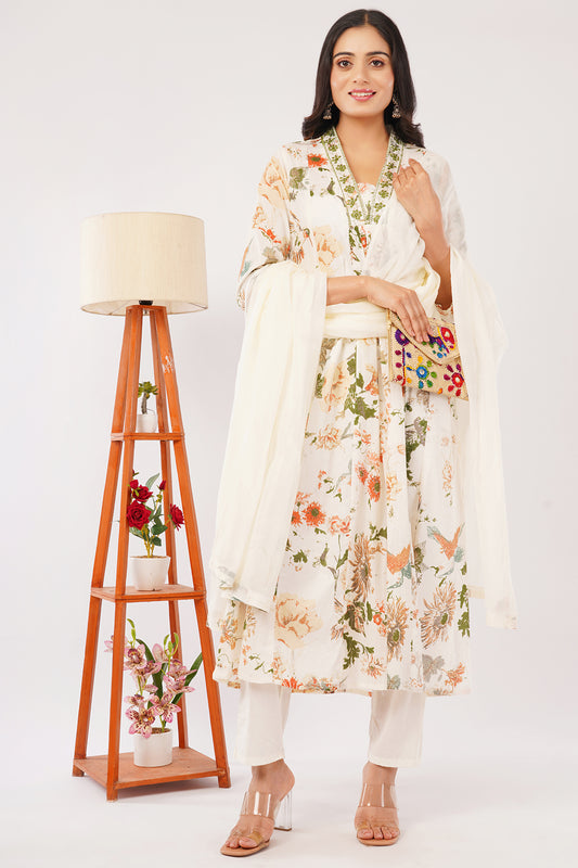Floral Print Kurta Set with Dupatta, White and Peach, 3/4 Sleeve, Embellished Neckline