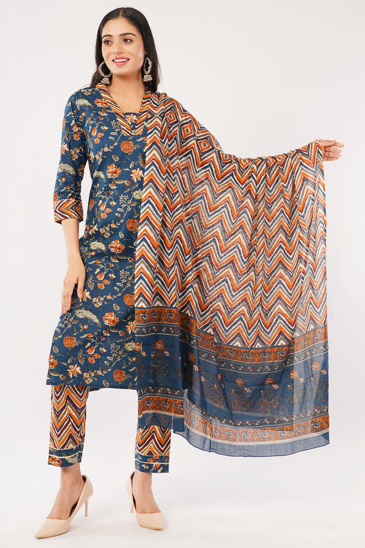Women's Cotton Kurta Set with Dupatta, Navy Blue Floral Print with Orange Chevron, 3/4 Sleeve
