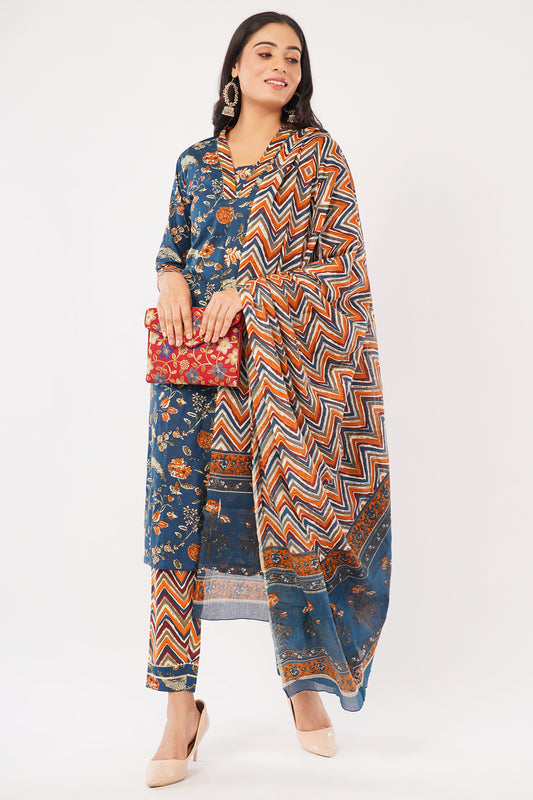 Women's Cotton Kurta Set with Dupatta, Navy Blue Floral Print with Orange Chevron, 3/4 Sleeve
