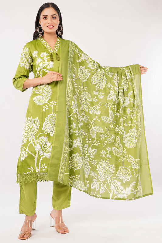 Women's Cotton Kurta Set with Dupatta, Green Floral Print, 3-Piece Traditional Ethnic Wear