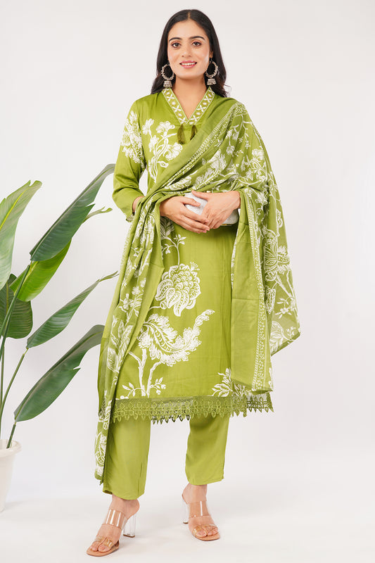 Women's Cotton Kurta Set with Dupatta, Green Floral Print, 3-Piece Traditional Ethnic Wear
