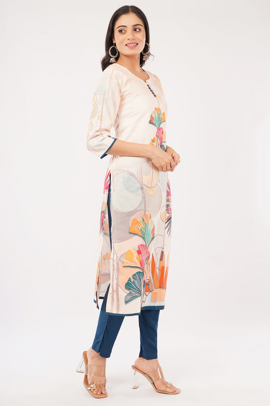 Women's Floral Print Kurta Set with Dupatta, Off-White and Navy Blue, 3-Piece Traditional Dress