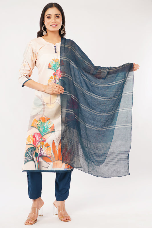 Women's Floral Print Kurta Set with Dupatta, Off-White and Navy Blue, 3-Piece Traditional Dress