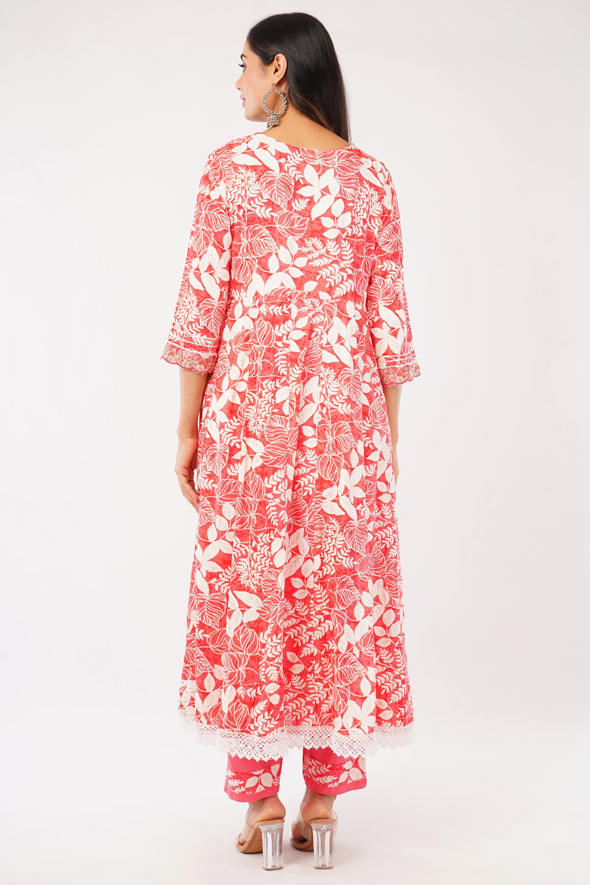 Floral Print Cotton Kurta Set with Tie-Dye Dupatta, 3/4 Sleeves, Pink and White