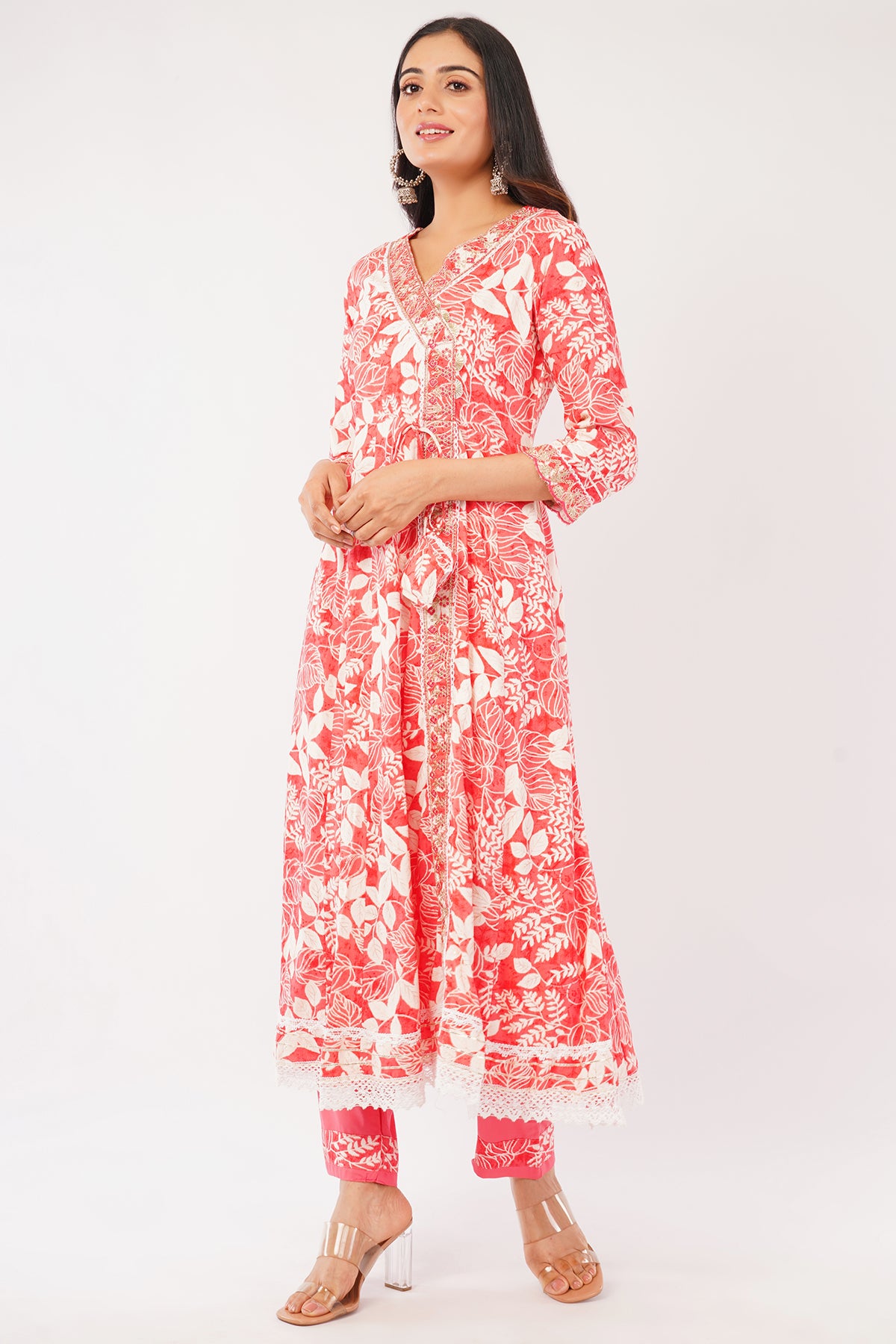 Floral Print Cotton Kurta Set with Tie-Dye Dupatta, 3/4 Sleeves, Pink and White