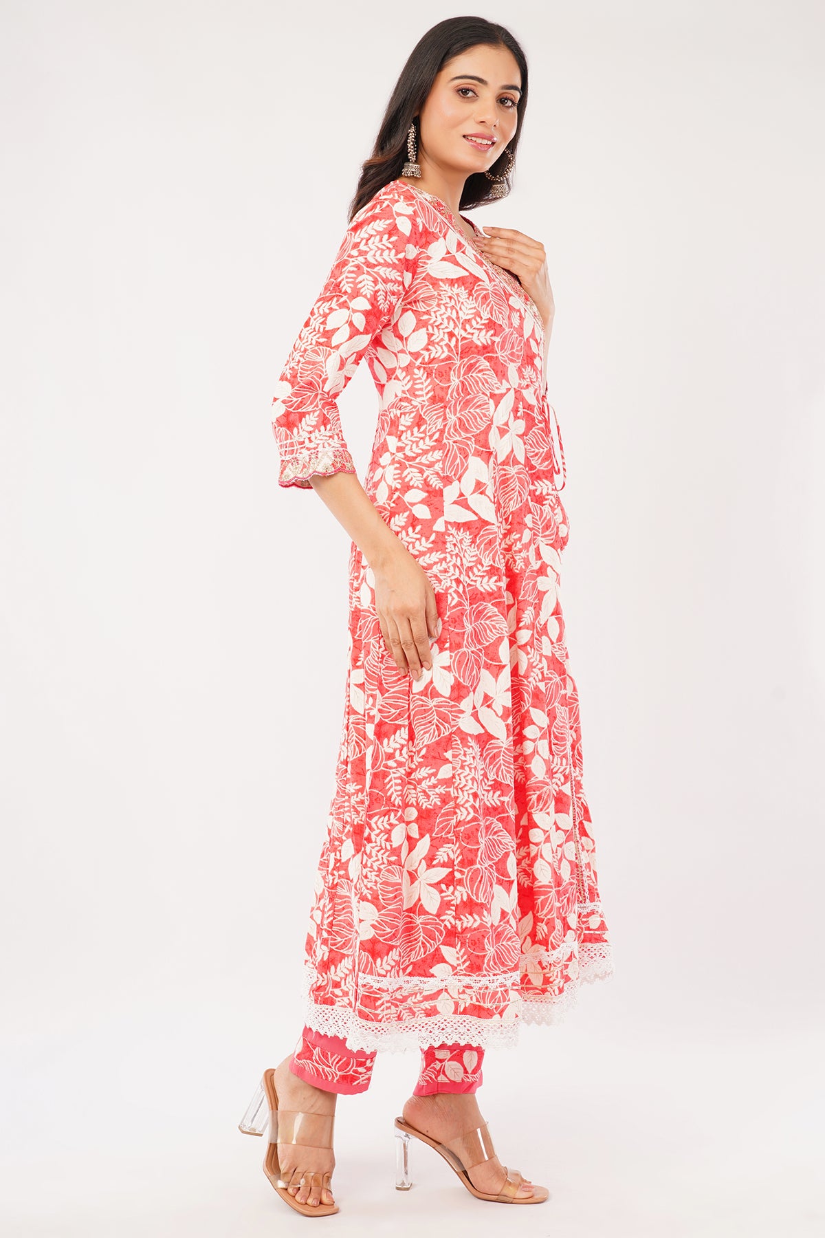 Floral Print Cotton Kurta Set with Tie-Dye Dupatta, 3/4 Sleeves, Pink and White