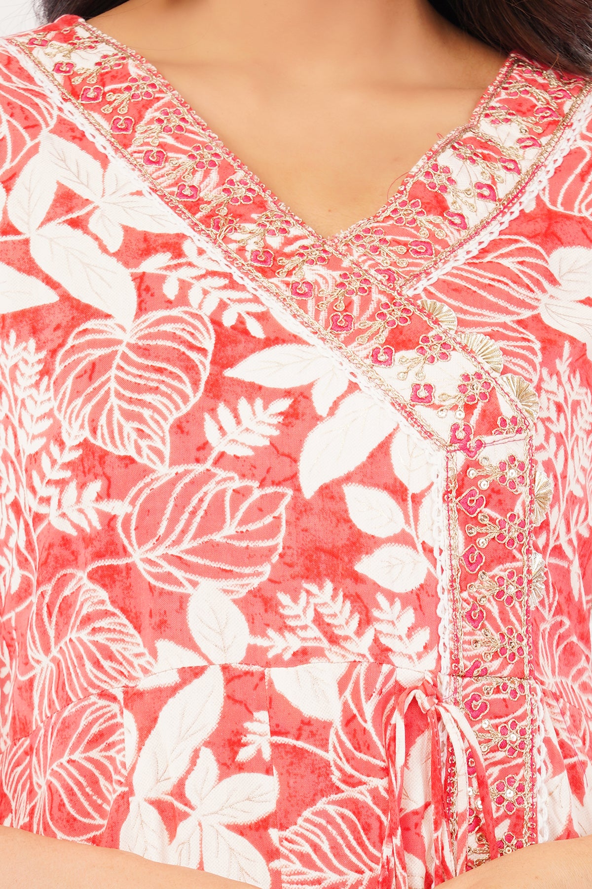 Floral Print Cotton Kurta Set with Tie-Dye Dupatta, 3/4 Sleeves, Pink and White