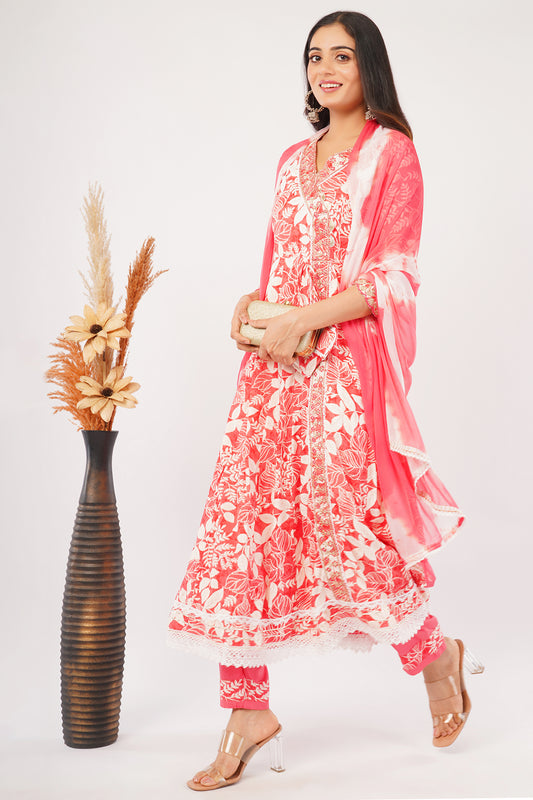 Floral Print Cotton Kurta Set with Tie-Dye Dupatta, 3/4 Sleeves, Pink and White