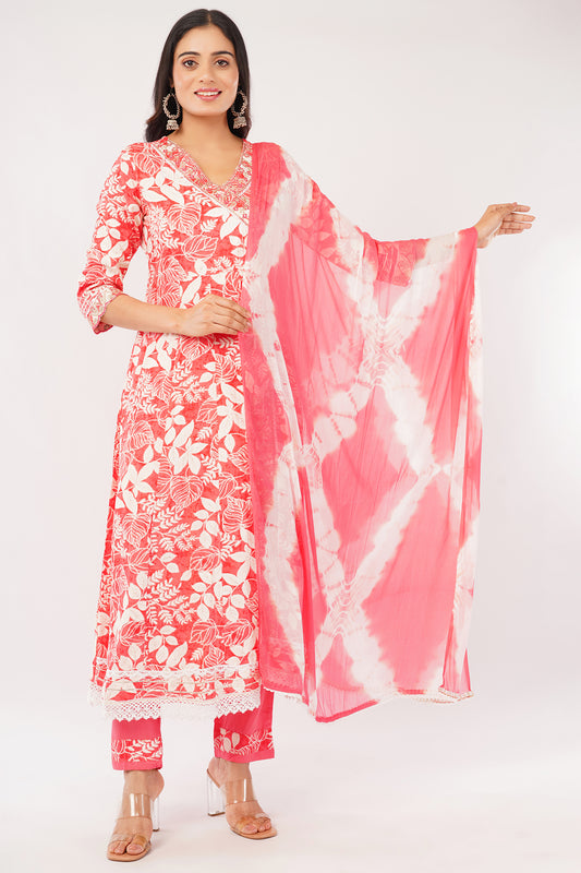 Floral Print Cotton Kurta Set with Tie-Dye Dupatta, 3/4 Sleeves, Pink and White