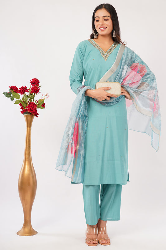Women's Mint Green Kurta Set with Floral Dupatta, Embellished V-Neck, 3-Piece Ethnic Wear