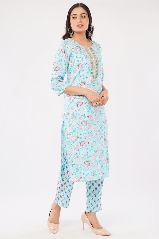 Women's Floral Print Cotton Kurta Set with Dupatta, Light Blue with Pink Embroidery, 3/4 Sleeve