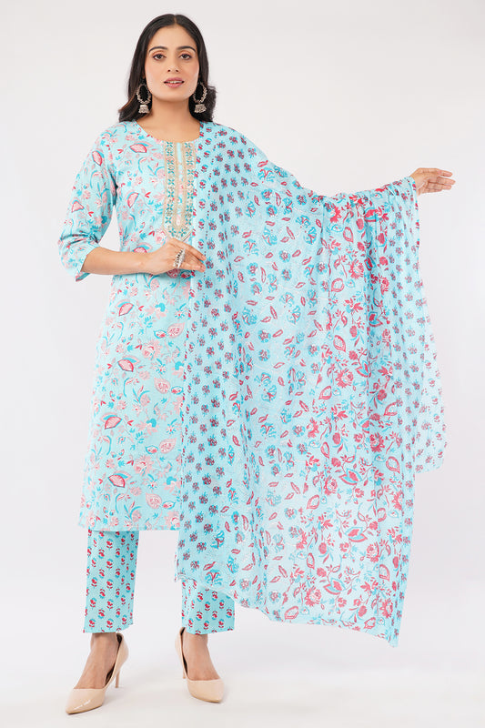 Women's Floral Print Cotton Kurta Set with Dupatta, Light Blue with Pink Embroidery, 3/4 Sleeve