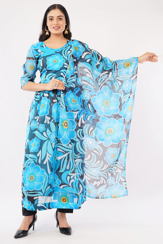 Women's Floral Print Kurta Set with Dupatta, Blue Floral Pattern, 3/4 Sleeve