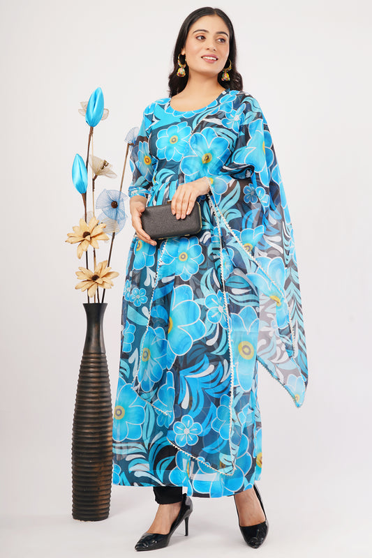 Women's Floral Print Kurta Set with Dupatta, Blue Floral Pattern, 3/4 Sleeve