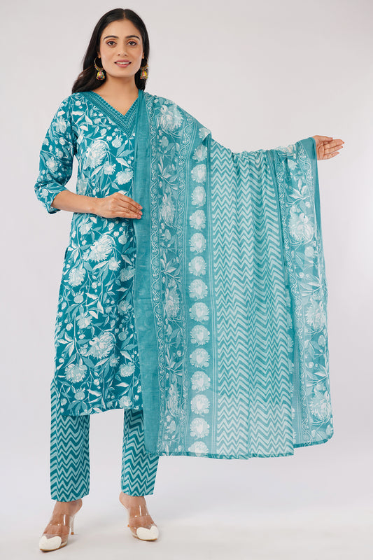 Women's Floral Print Cotton Kurta Set with Dupatta, Turquoise Green and White, Chevron Pattern