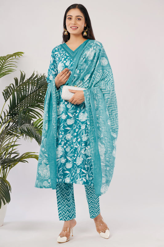 Women's Floral Print Cotton Kurta Set with Dupatta, Turquoise Green and White, Chevron Pattern