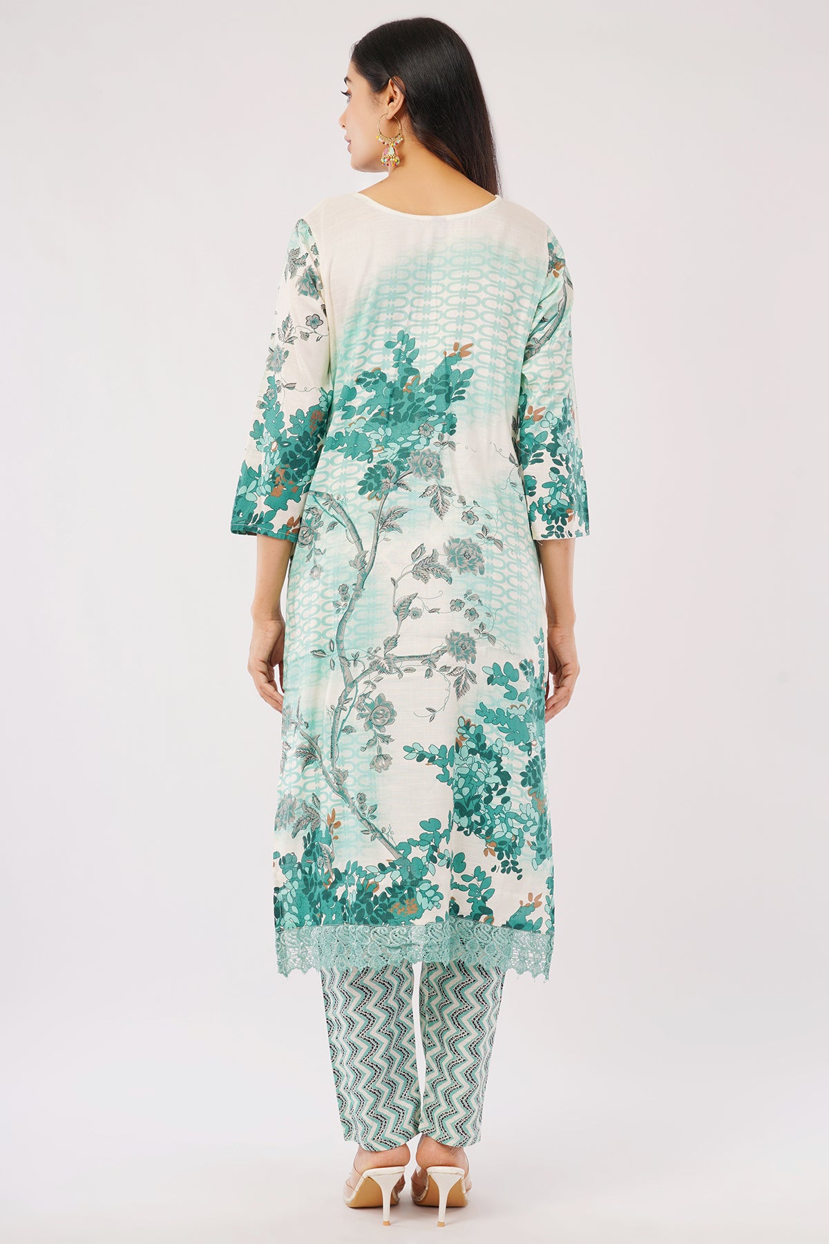 Women's Floral Print Kurta Set with Dupatta, Green and White, 3-Piece Ethnic Wear