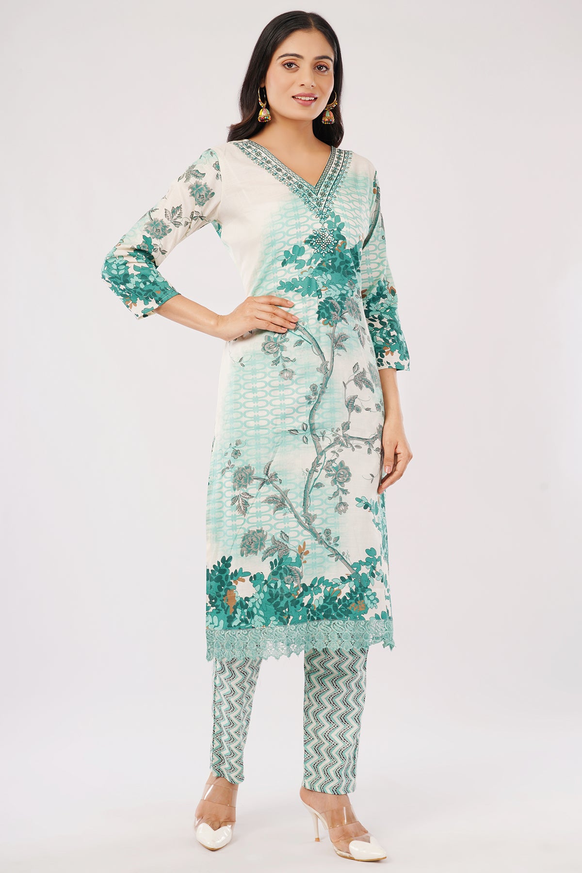 Women's Floral Print Kurta Set with Dupatta, Green and White, 3-Piece Ethnic Wear